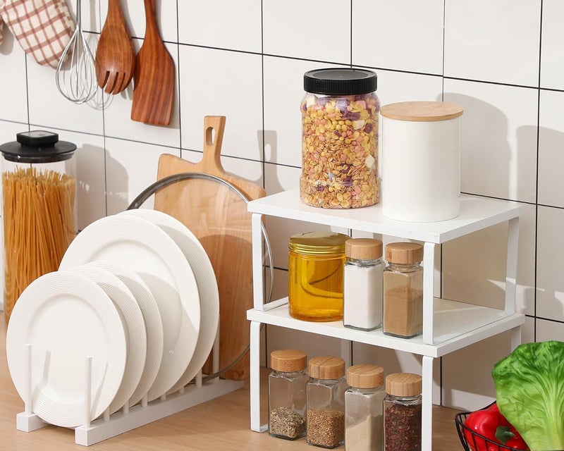 Marsui 4 Pcs Kitchen Organizer Accessories Set Cabinet Organizer Shelf and Bamboo Dish Drying Plate Rack Counter Shelves Storage Holder for Spice Rack, Dish, Pot Lid, Bowl, Cup (White) - Image 3